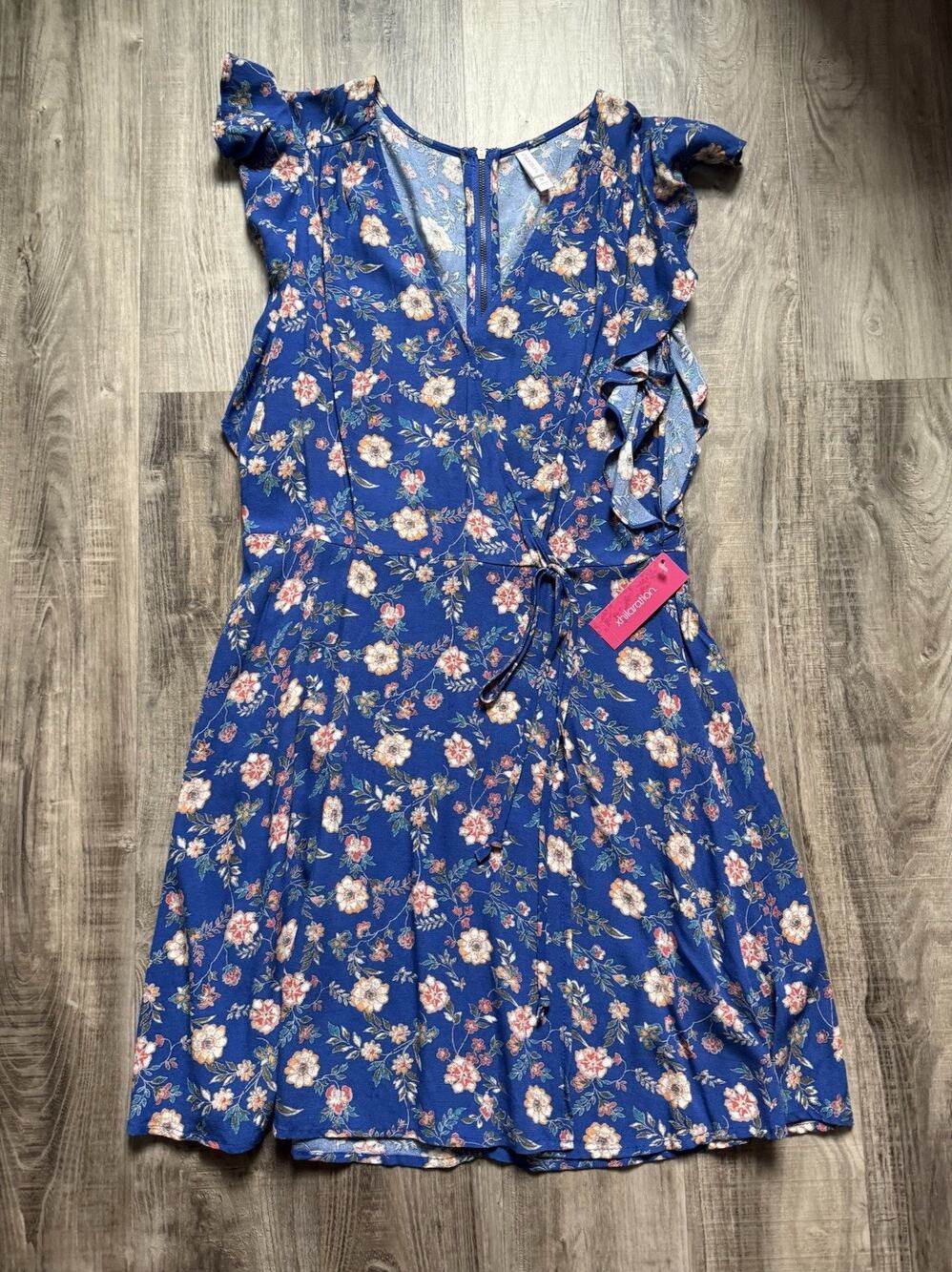 Xhilaration Women’s Medium Blue Floral Ruffle Sleeve Midi Dress Tie Waist NWT